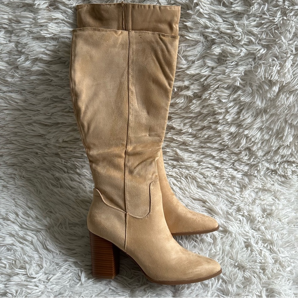 Coutgo Knee High Boots Womens 11 Tan Faux Suede Block Heel Side Zip New